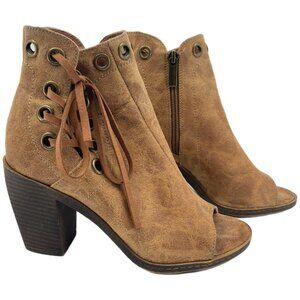 93 Vintage Tan and Brown Textile Ankle Boots | Peep Toe Bootie